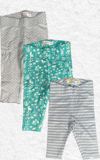 Baby Boden Essential 3 Pack Leggings Set in Grey Polka Dot, Green Jungle Floral, Blue Stripe