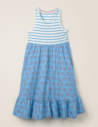 Mini Boden Girl's Sleeveless Strawberry Hotchpotch Jersey Dress in Blue