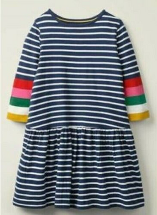 Mini Boden Girl's Stripe Print Jersey Dress in Navy