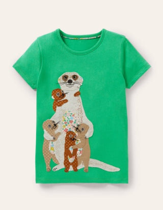 Mini Boden Girl's Short Sleeve Applique Top in Aloe Green Meerkats