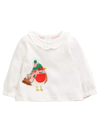 Baby Boden Robins Applique Top in Pink/White