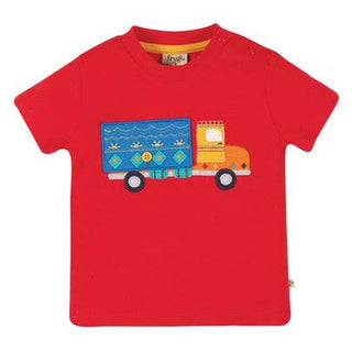 Frugi Boy's Applique Short Sleeve Playdate T-shirt in True Red/Truck